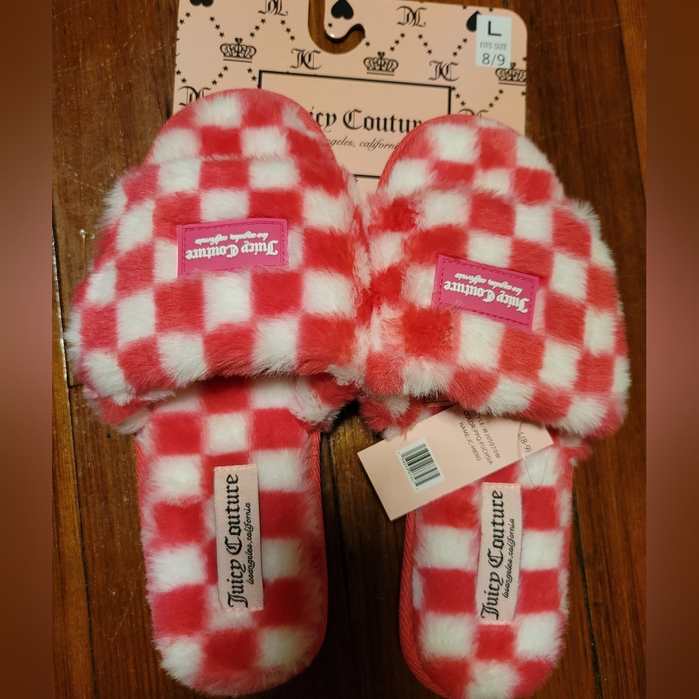 JUICY COUTURE Pink/White Checker Slippers-Size L 8/9